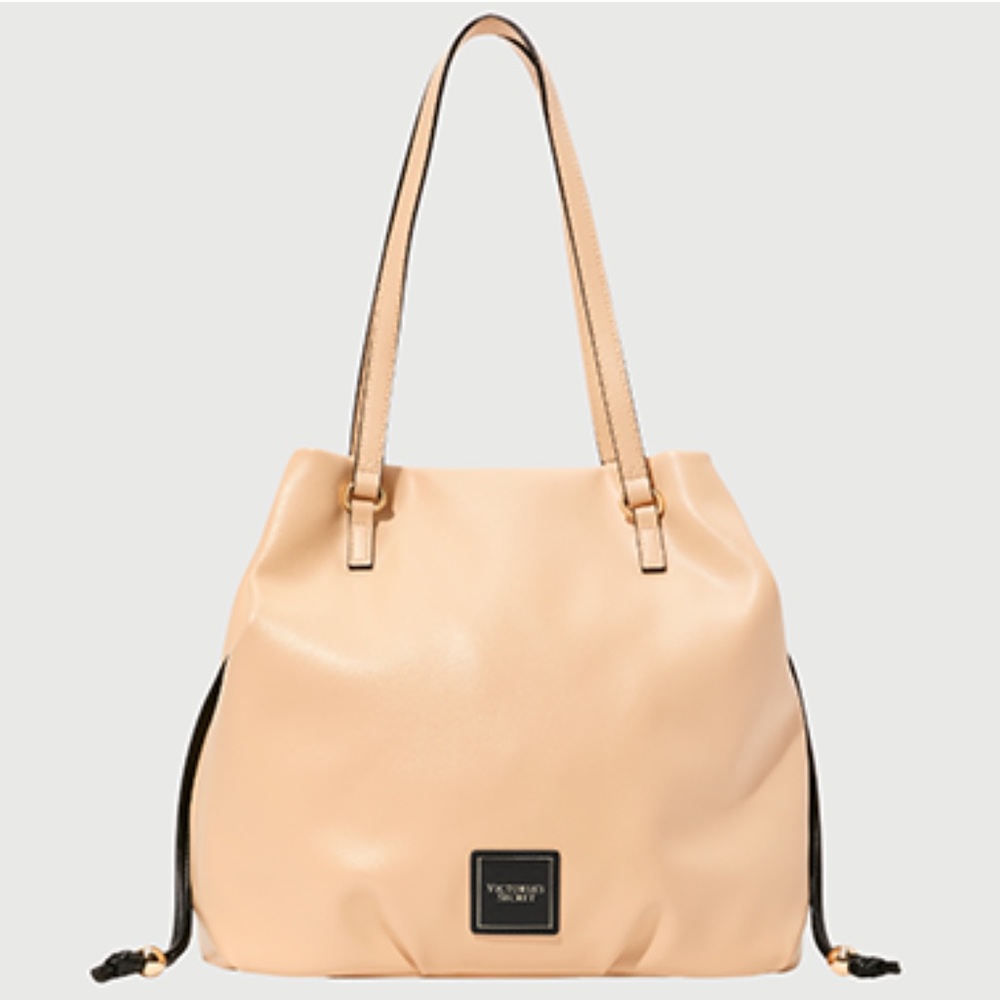 Victorias Secret Faux Leather Tote Bag / Tan with Black & Gold Embellishment NWT
